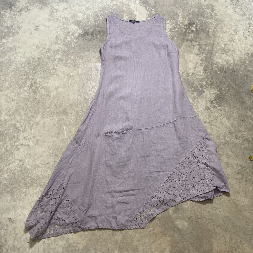 CHARLIE B Dress PS Purple Lace Asymmetric Hem Sleeveless Linen Midi Italy